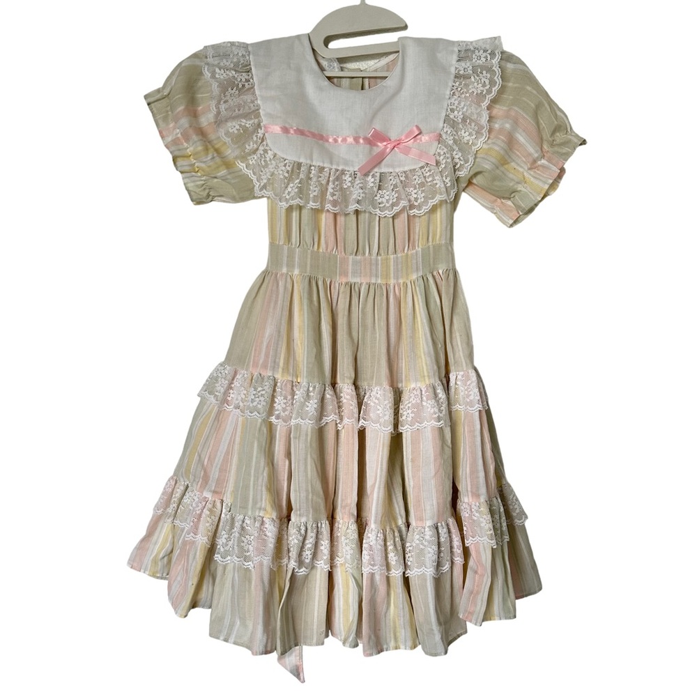 80s Rare Vintage MiniWorld Dress‎ pastel colors Mini Full Ruffle Lace Size 6X